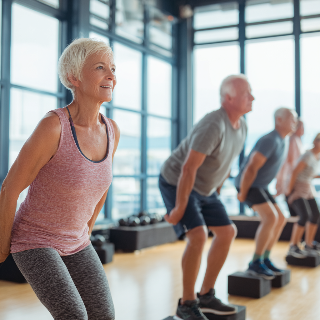 Чоловік та жінка 55-60 років виконують функціональні вправи у сучасному спортивному залі