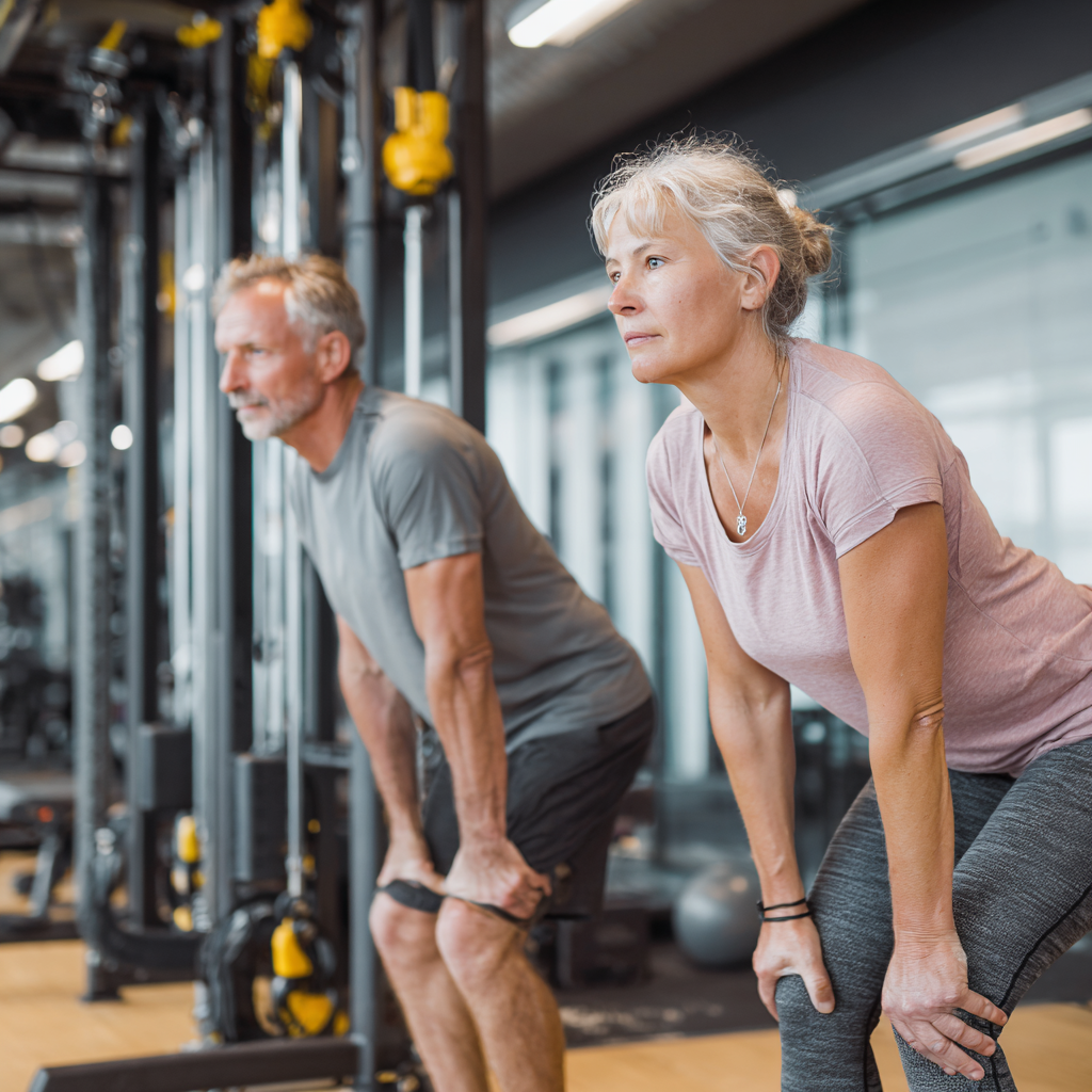 Група людей віком 50-60 років під час групового тренування у просторому фітнес-залі з великими вікнами